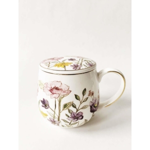 Krus med lokk og sil rosa/gule blomster
