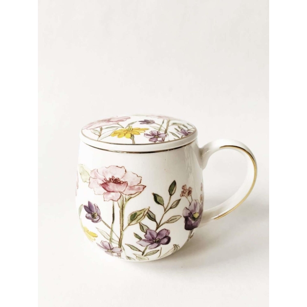 Krus med lokk og sil rosa/gule blomster