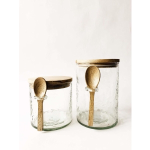 Glasskrukke med trelokk og skje liten