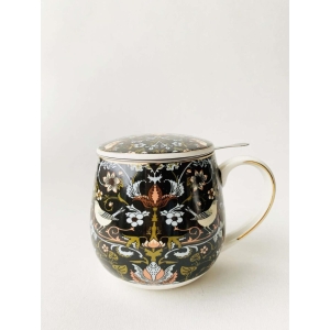 Krus med lokk og sil sort fugl/blomst